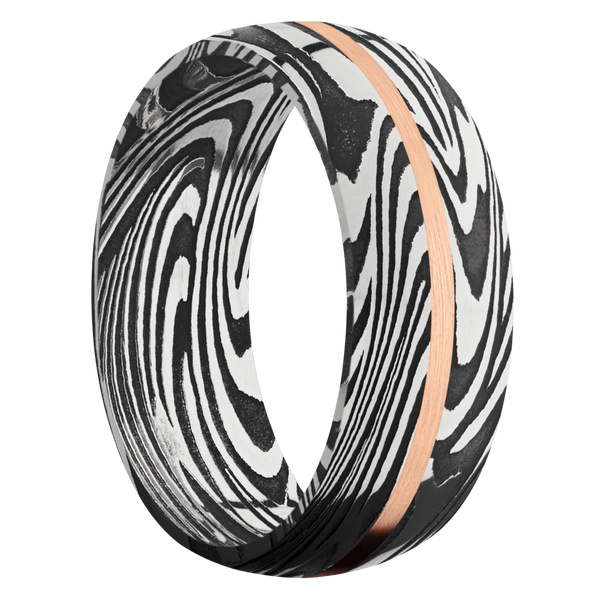Sunset Damascus Steel Men's Ring with 14K Rose Gold Damascus Steel Men's Wedding Band