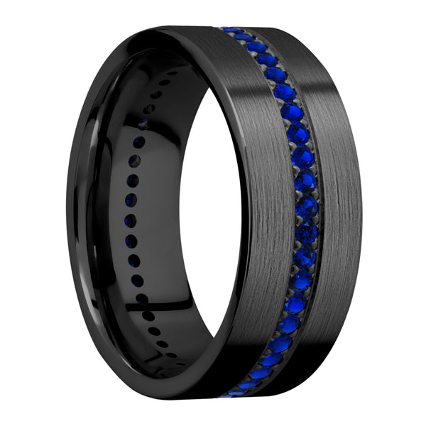 Black Zirconium Men's Ring with Sapphire Thin Blue Line Rings Men's Wedding Band