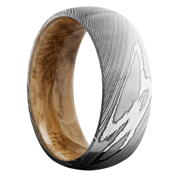 Damascus Steel Men's Ring with Whiskey Barrel Wood Damascus Steel Men's Wedding Band
