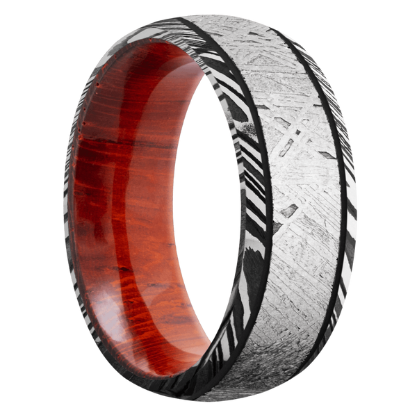 Damascus Steel Men's Ring with Meteorite and Padauk Wood Damascus Steel Men's Wedding Band