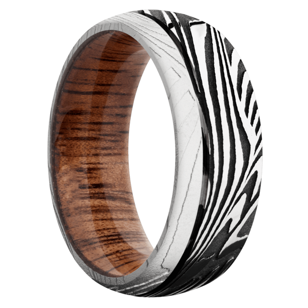 Sunset Damascus Steel Men's Ring with Wood Damascus Steel Men's Wedding Band