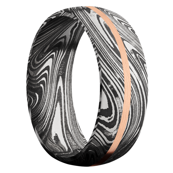 Marble Damascus Steel Men's Ring with 14K Rose Gold Damascus Steel Men's Wedding Band