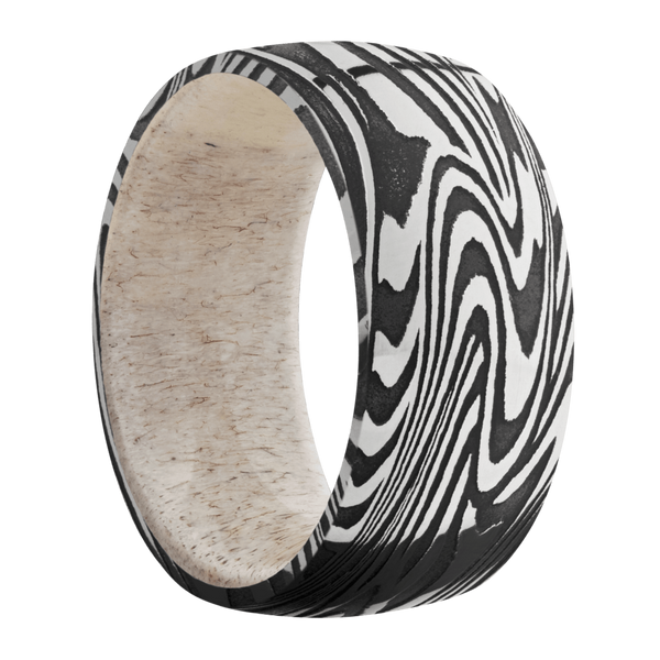Sunset Damascus Steel Men's Ring with Antler Damascus Steel Men's Wedding Band