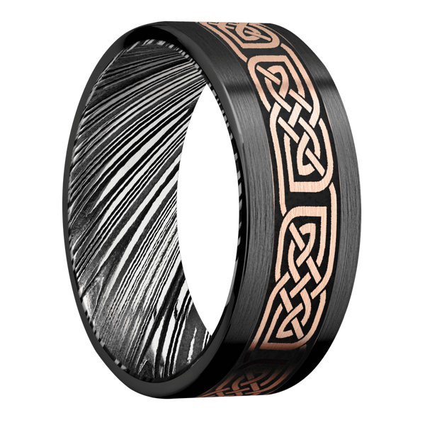 Black Zirconium Celtic Men's Ring with 14K Rose Gold and Damascus Steel 14K Gold Men's Wedding Band