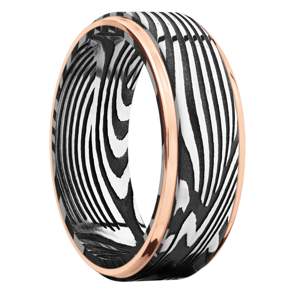 Sunset Damascus Steel Men's Ring with 14K Rose Gold Damascus Steel Men's Wedding Band
