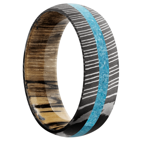 Damascus Steel Men's Ring with Turquoise and Spalted Tamarind Damascus Steel Men's Wedding Band