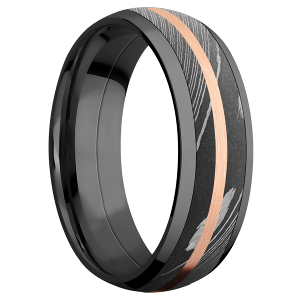Black Zirconium Men's Ring with Damascus Steel and 14K Rose Gold Damascus Steel Men's Wedding Band