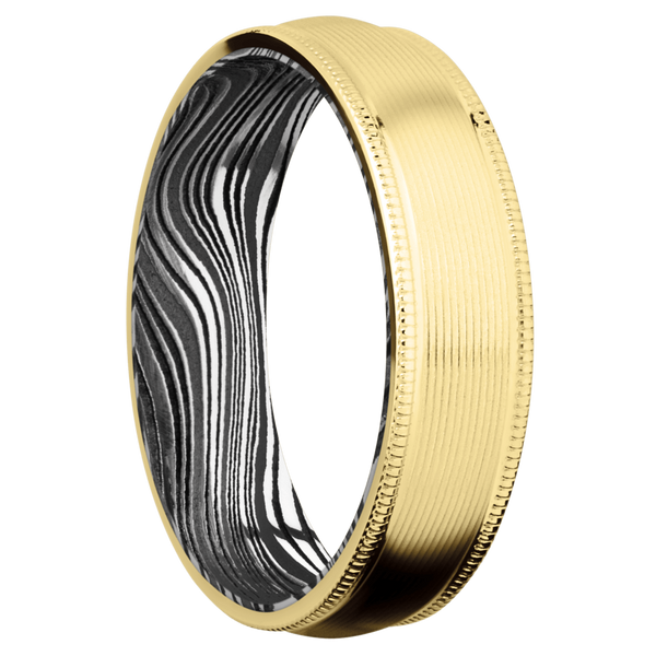 14K Yellow Gold Men's Ring with Damascus Steel Sleeve Narrow Rings Men's Wedding Band