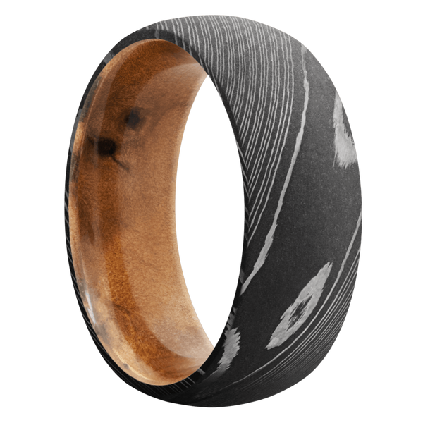 Damascus Steel Men's Ring with Thuya Burl Sleeve Damascus Steel Men's Wedding Band
