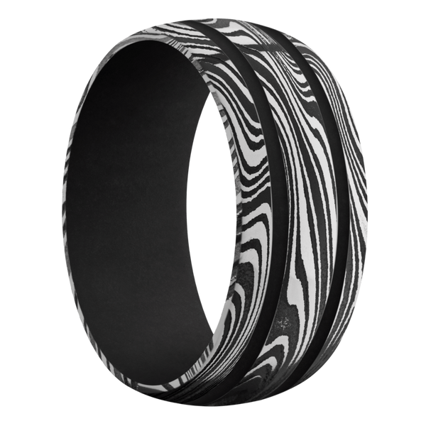 Marble Damascus Steel Men's Ring with Cerakote Damascus Steel Men's Wedding Band