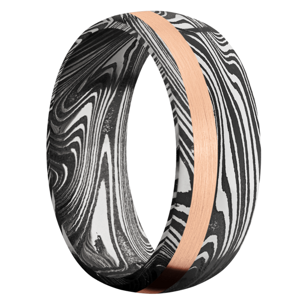 Marble Damascus Steel Men's Ring with 14K Rose Gold Damascus Steel Men's Wedding Band