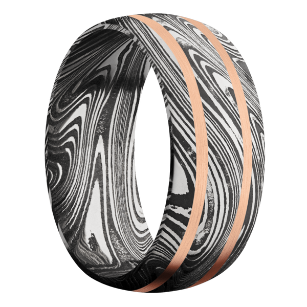 Marble Damascus Steel Men's Ring with 14K Rose Gold Damascus Steel Men's Wedding Band