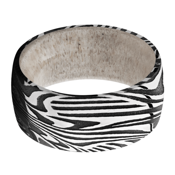 Sunset Damascus Steel Men's Ring with Antler Damascus Steel Men's Wedding Band