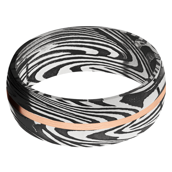 Sunset Damascus Steel Men's Ring with 14K Rose Gold Damascus Steel Men's Wedding Band