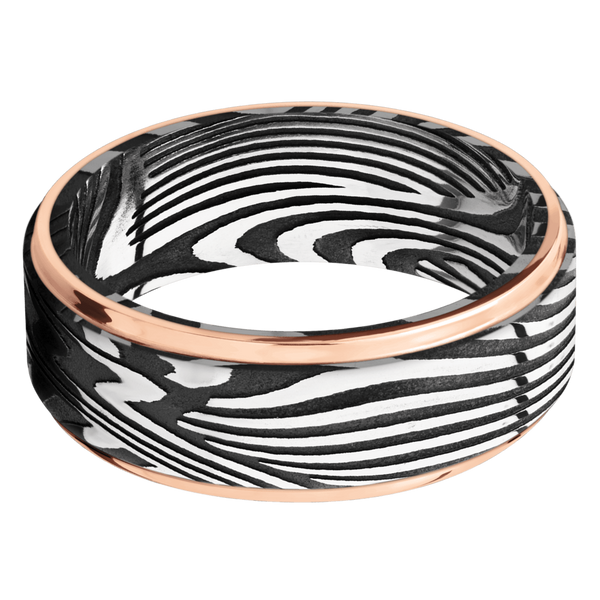 Sunset Damascus Steel Men's Ring with 14K Rose Gold Damascus Steel Men's Wedding Band