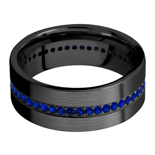 Black Zirconium Men's Ring with Sapphire Thin Blue Line Rings Men's Wedding Band