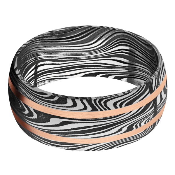 Marble Damascus Steel Men's Ring with 14K Rose Gold Damascus Steel Men's Wedding Band