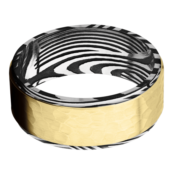 Sunset Damascus Steel Men's Ring with 14K Yellow Gold 14K Gold Men's Wedding Band