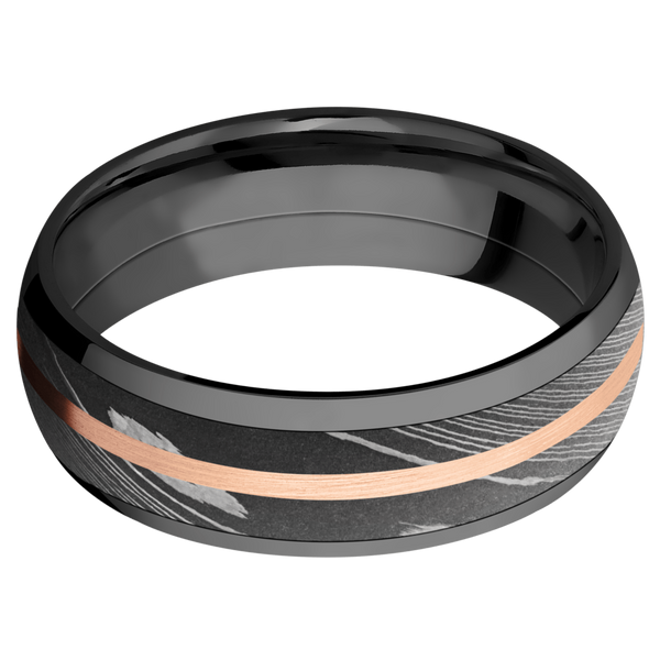 Black Zirconium Men's Ring with Damascus Steel and 14K Rose Gold Damascus Steel Men's Wedding Band