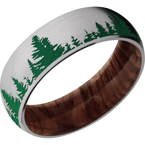Titanium Men's Ring with Spruce Tree Design and Sequoia Wood Sleeve Tree Designs Men's Wedding Band