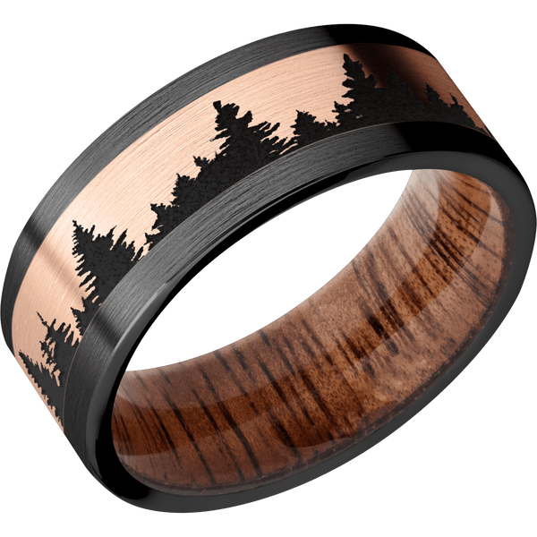 Black Zirconium Men's Ring with 14K Rose Gold Spruce Tree Design and Koa Wood Sleeve Wood Men's Wedding Band
