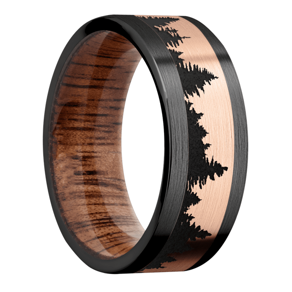 Black Zirconium Men's Ring with 14K Rose Gold Spruce Tree Design and Koa Wood Sleeve Wood Men's Wedding Band
