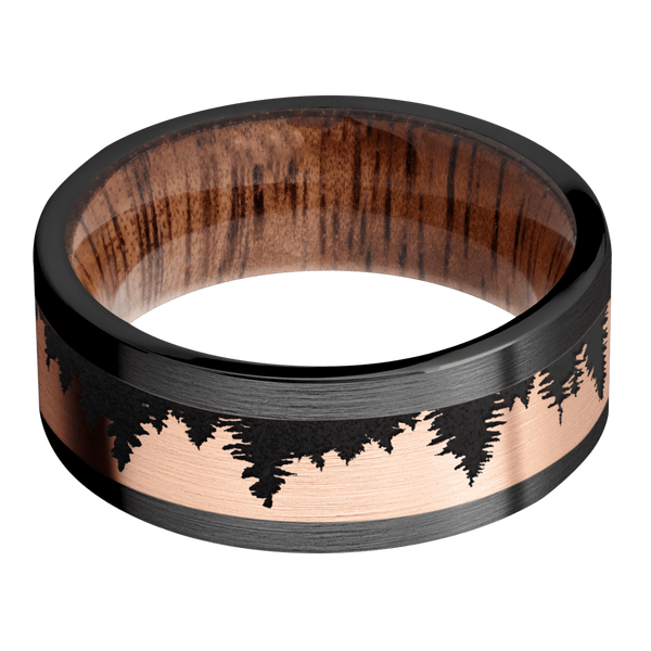 Black Zirconium Men's Ring with 14K Rose Gold Spruce Tree Design and Koa Wood Sleeve Wood Men's Wedding Band