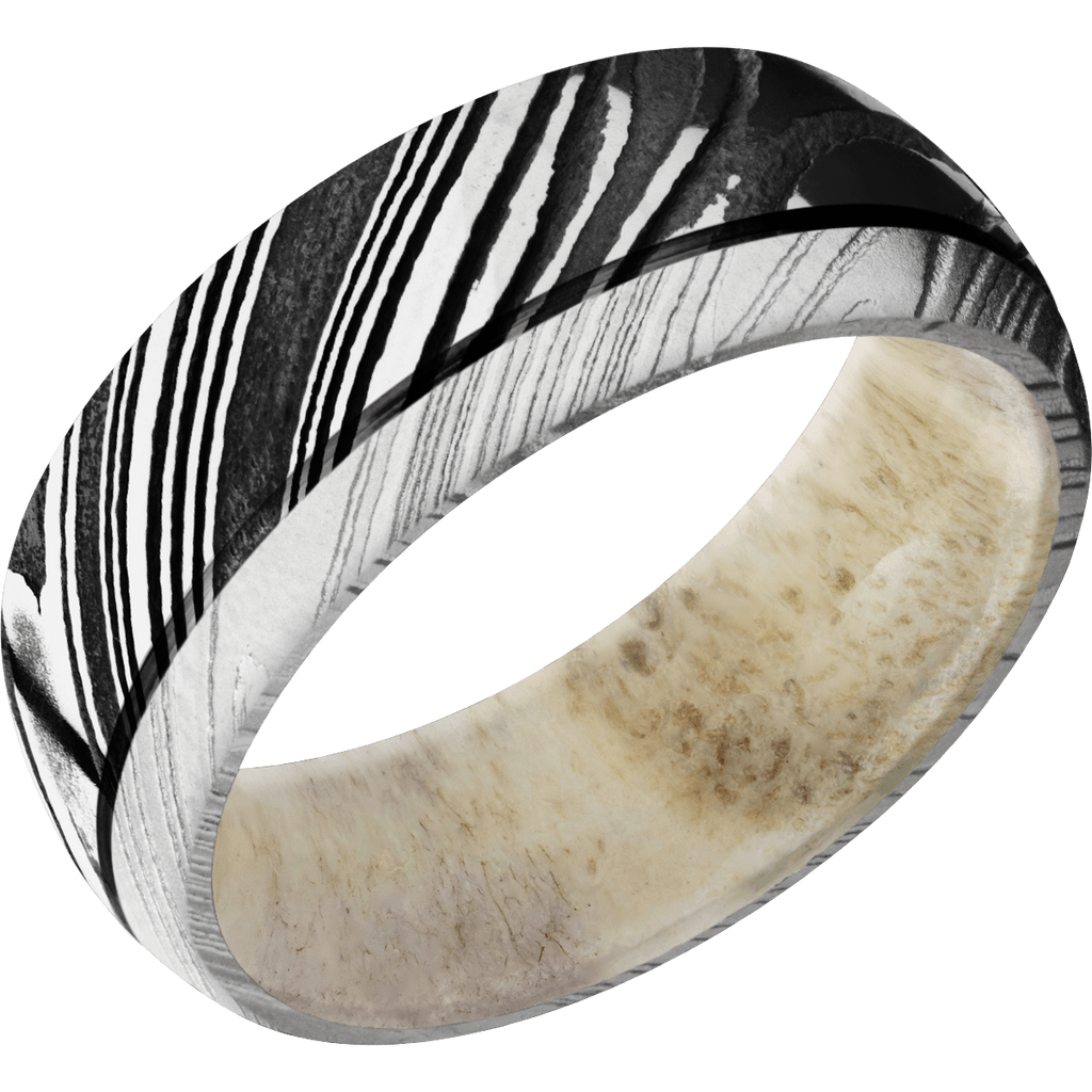 Damascus Steel Men's Ring with Antler