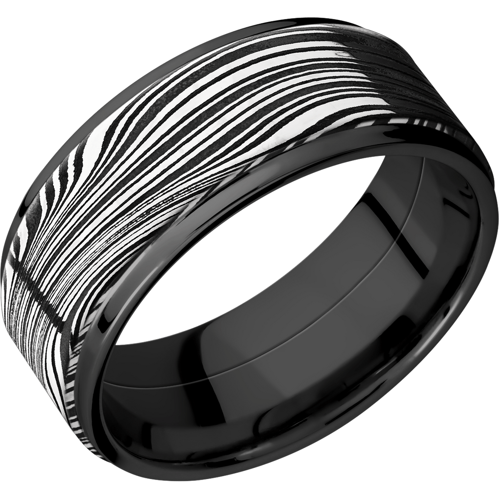 Black Zirconium Men's Ring with Damascus Steel