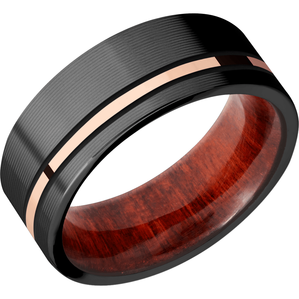 Black Zirconium Men's Ring with 14K Rose Gold and Wood