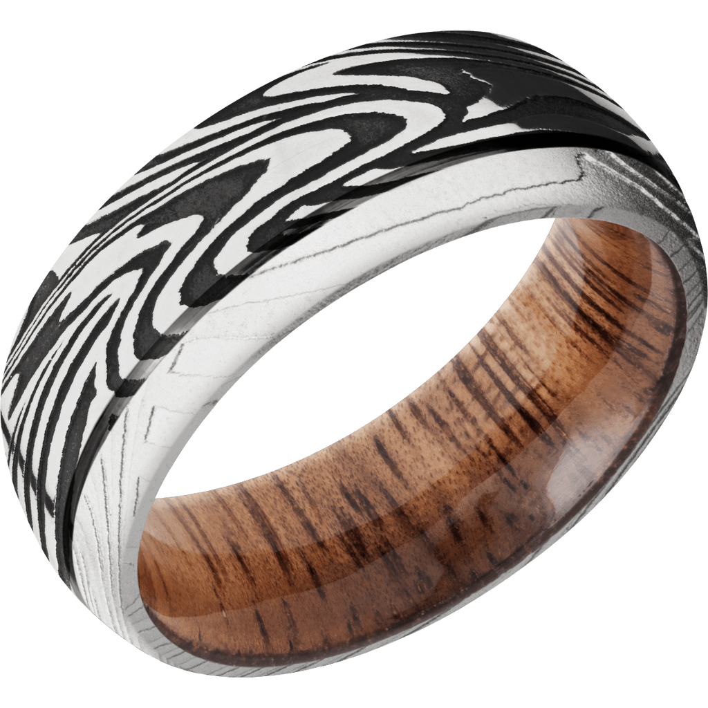 Sunset Damascus Steel Men's Ring with Wood