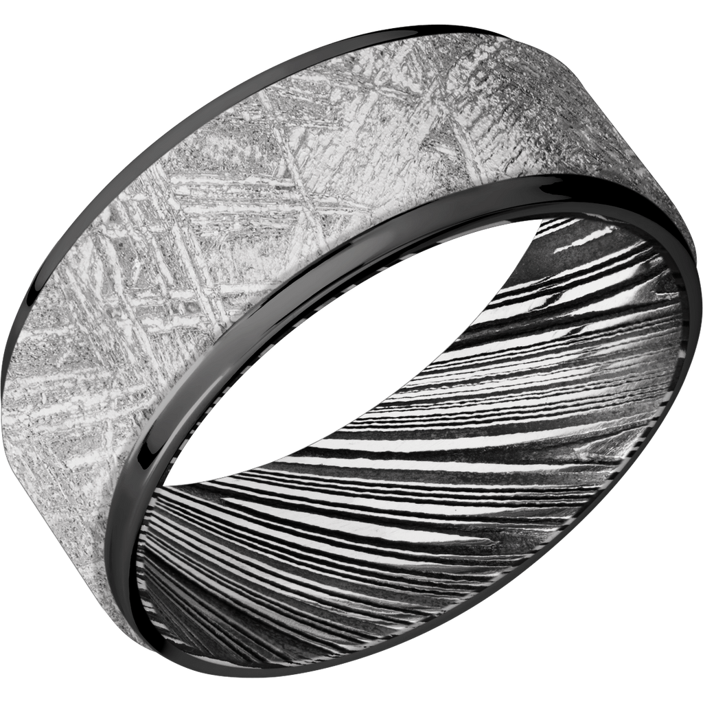 Black Zirconium Men's Ring with Meteorite and Damascus Steel