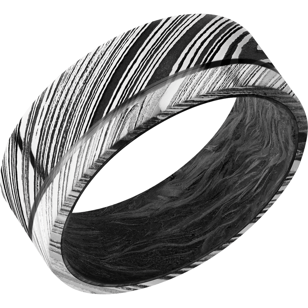 Damascus Steel Men's Ring with Carbon Fiber