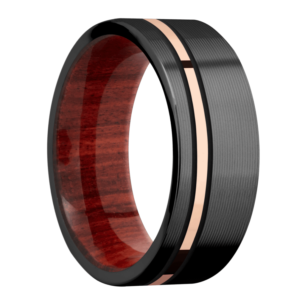 Black Zirconium Men's Ring with 14K Rose Gold and Wood