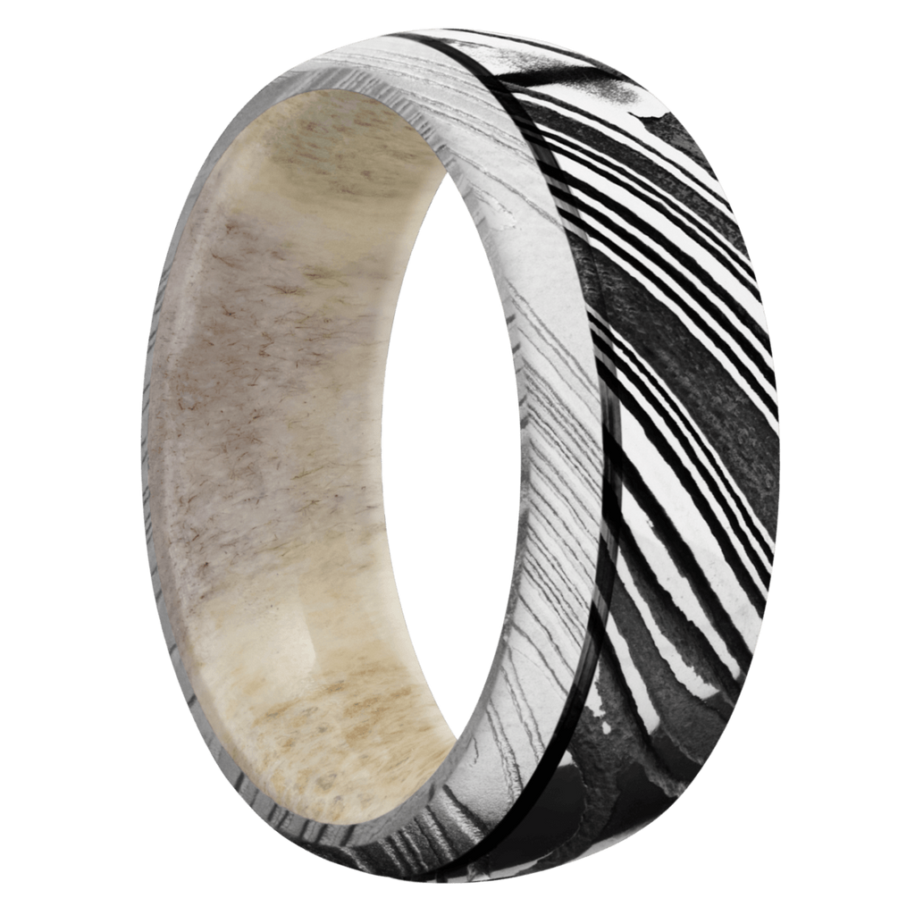 Damascus Steel Men's Ring with Antler