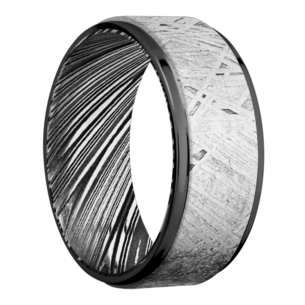 Black Zirconium Men's Ring with Meteorite and Damascus Steel