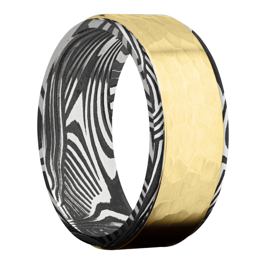 Sunset Damascus Steel Men's Ring with 14K Yellow Gold