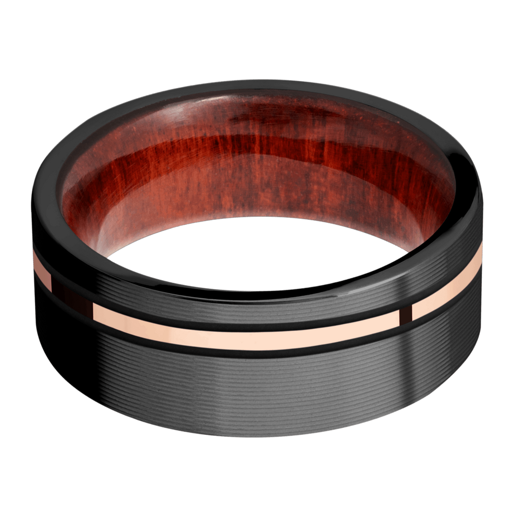 Black Zirconium Men's Ring with 14K Rose Gold and Wood