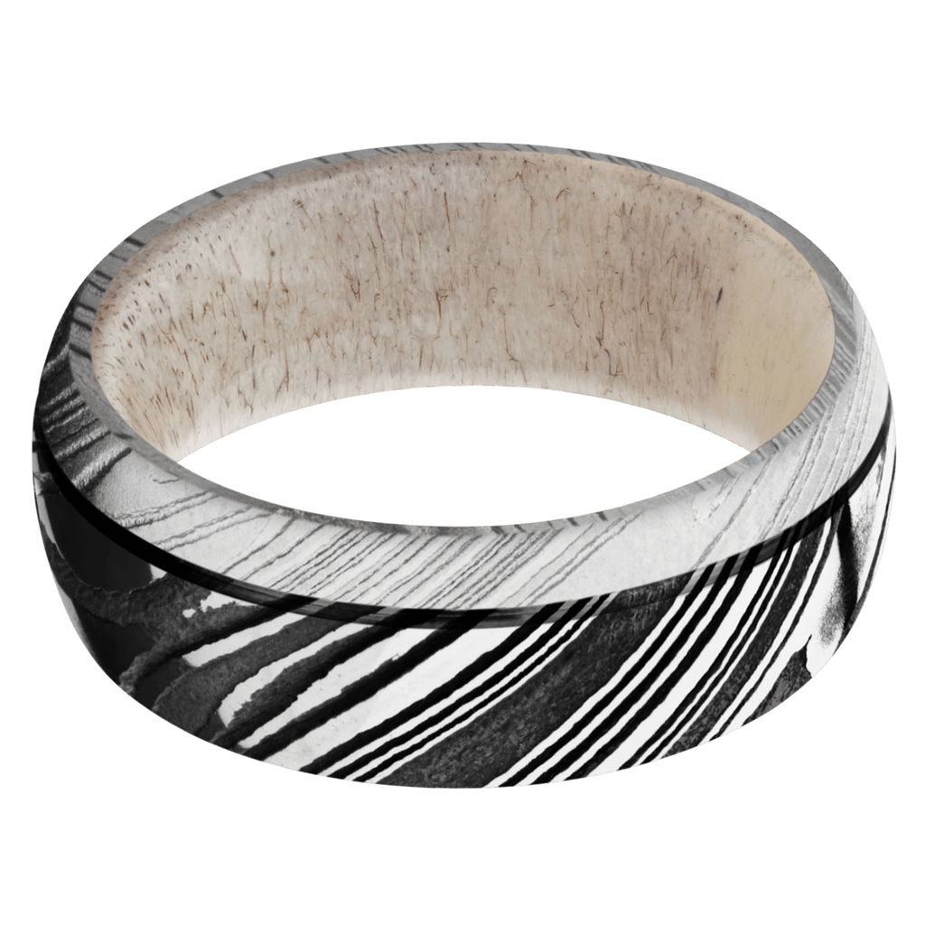 Damascus Steel Men's Ring with Antler