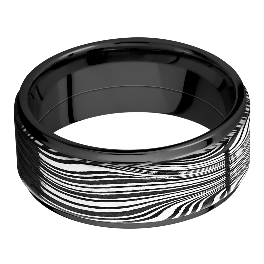 Black Zirconium Men's Ring with Damascus Steel