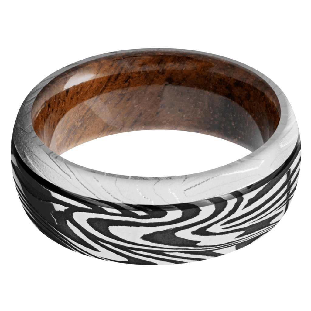 Sunset Damascus Steel Men's Ring with Wood