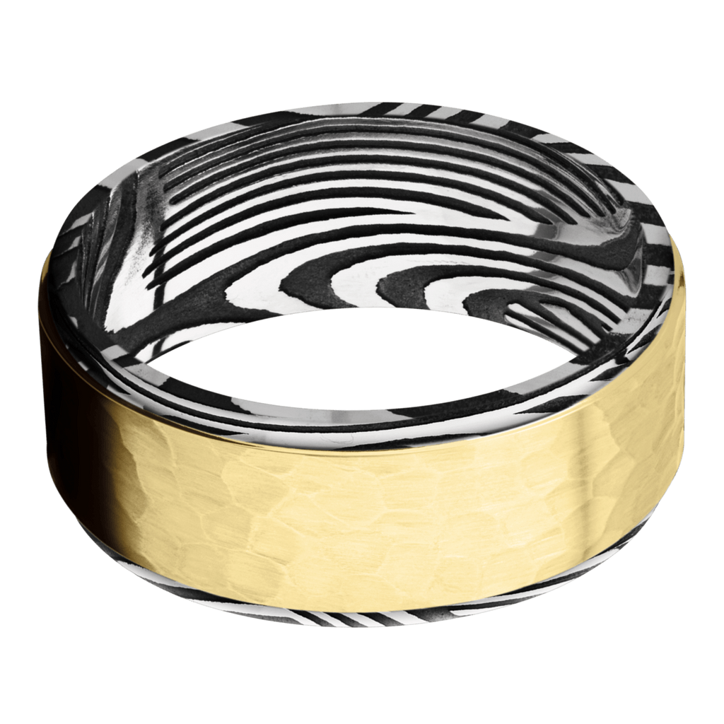 Sunset Damascus Steel Men's Ring with 14K Yellow Gold