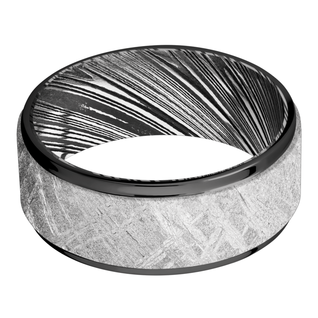 Black Zirconium Men's Ring with Meteorite and Damascus Steel