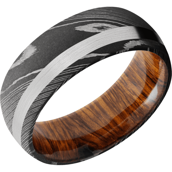Hand Forged Unique Damascus Steel Ring Band Inlayed With Hardwood